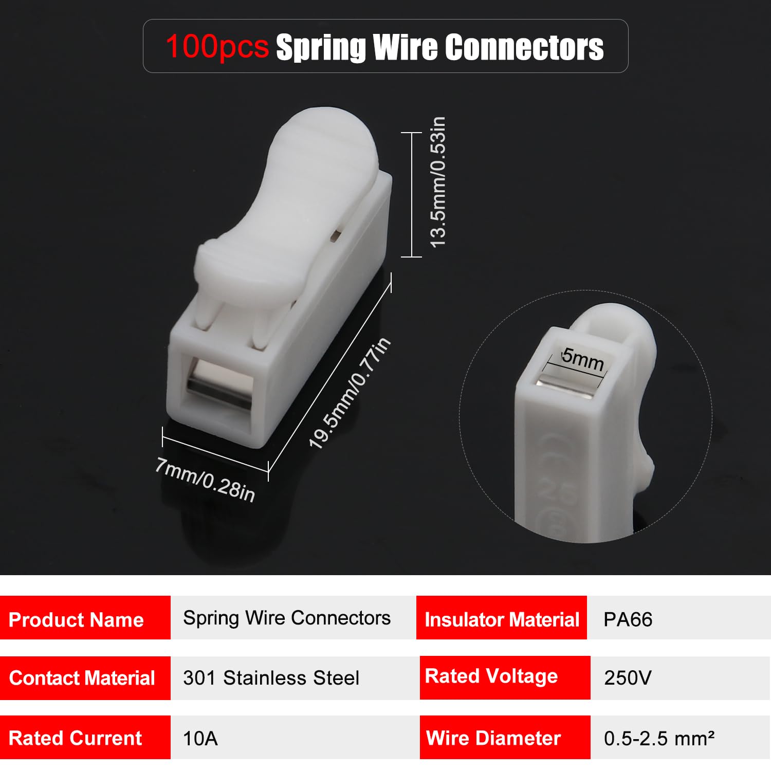 Conector Rápido de Resorte CH1 para Tiras de Luz LED, 100 Piezas