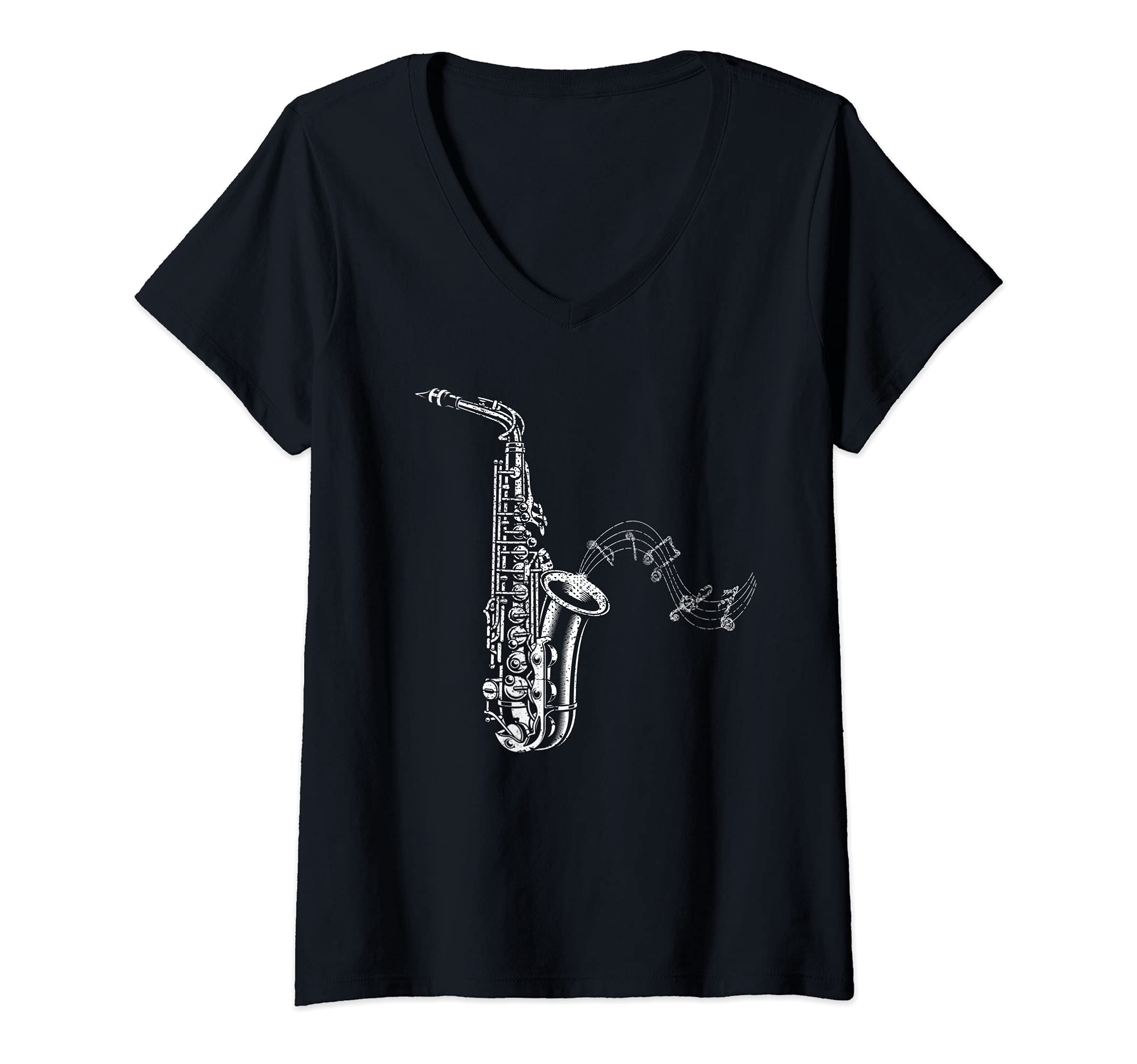 Womens Sax Player Jazz Musical Instrument Saxophonist Saxophone V-Neck T-Shirt, Black