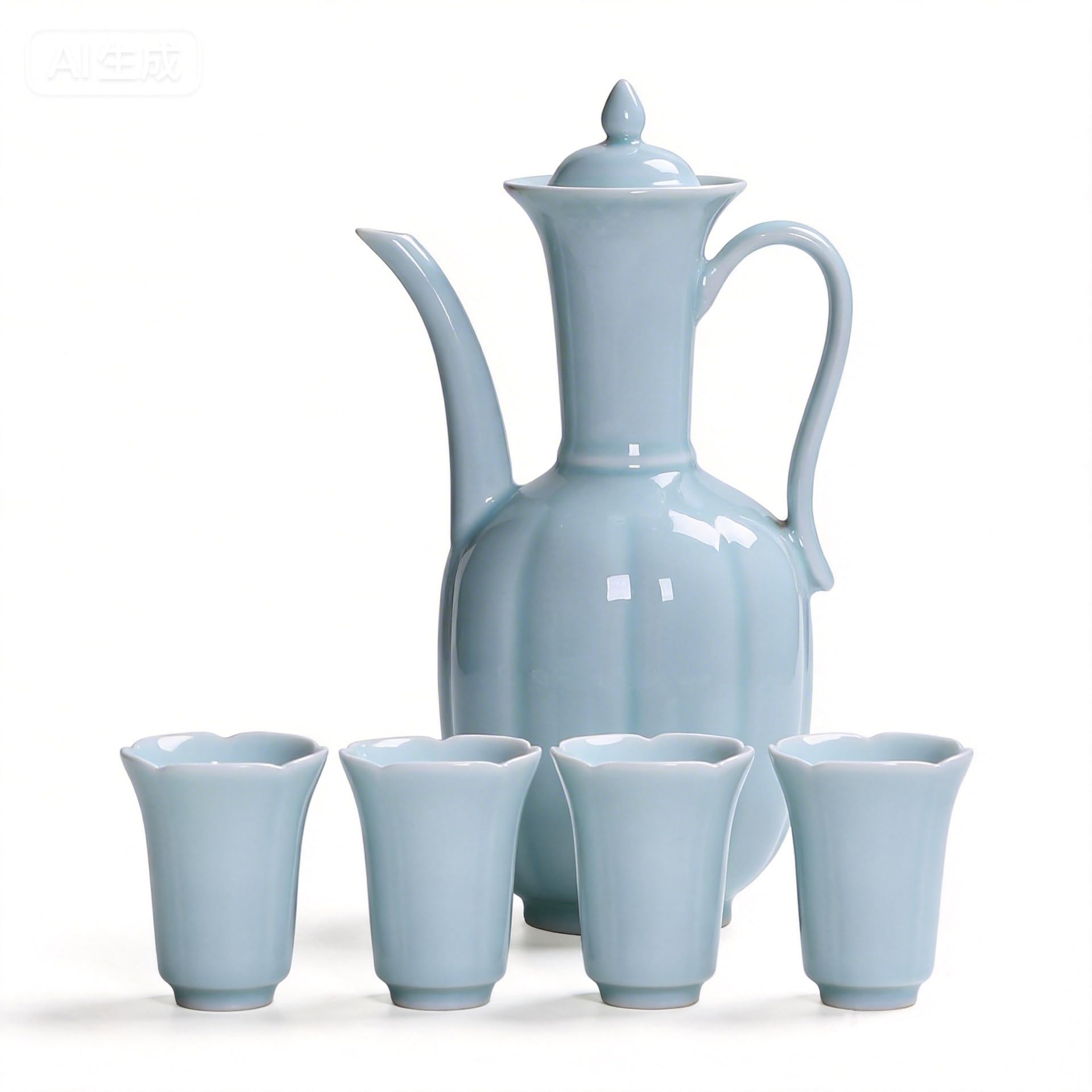 Handmade Long Quan Celadon Liquor Dispenser Set, Song Dynasty Style Ceramic Teapot for Baijiu & Kung Fu Tea, Traditional Porcelain Wine Decanter Serving Set (Powder Blue)