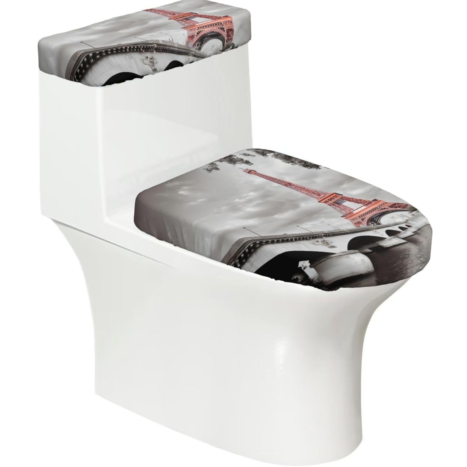 Tower Paris 2-Piece Toilet Seat Cover Set with Tank Lid - Elastic for U-Shape & Elongated - Bathroom Decor