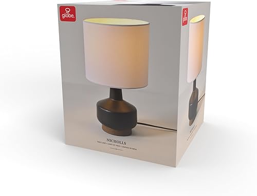 Miniatura 8 de GLOBE Lámpara de mesa eléctrica de cerámica de 15 pulgadas, base negra mate, acento en tono madera, pantalla de lino blanco, interruptor giratorio