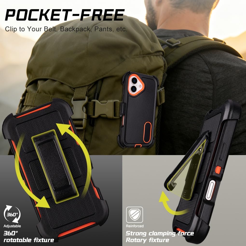 for Phone Case iPhone 16 Case with Belt Clip Holster, Rugged Protective for Outdoor Adventures, Military-Grade Shockproof Cover with Clip Kickstand, Dustproof Port Protection (Black Orange)