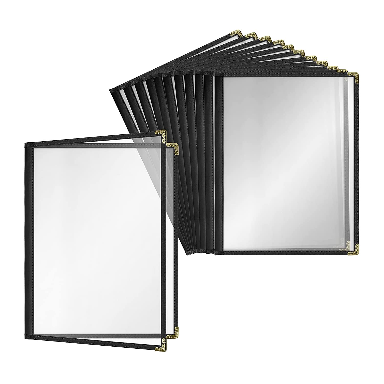 CTRLZS 12 Pack Cafe Style Menu Cover Crystal Clear Vinyl (Black, 2 Pages/4 Views - 8.5 Inch X 11 Inch)