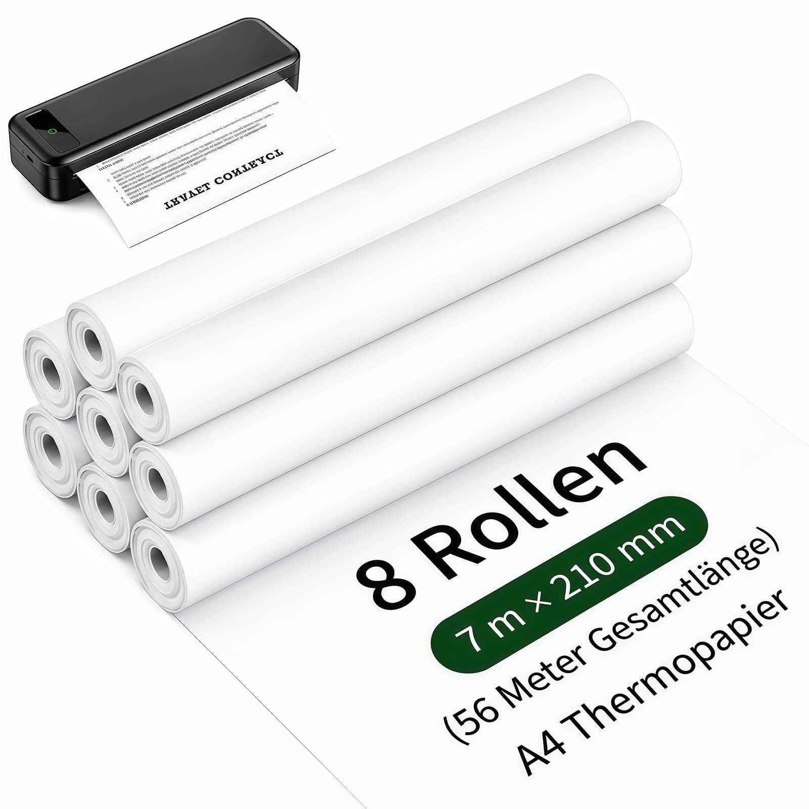 8 Rollos Papel Térmico A4 para Impresora Portátil, Papel Térmico 7 m x 30 mm Compatible con Impresoras Térmicas Móviles para Documentos, Fotos, Notas & Facturas