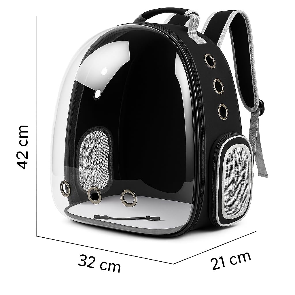 Mochila para Mascotas con Cápsula Transparente, Transportín Portátil para Gatos y Perros Pequeños, Pets, Ventilación Múltiple, Diseño Ergonómico, Mochila Negra