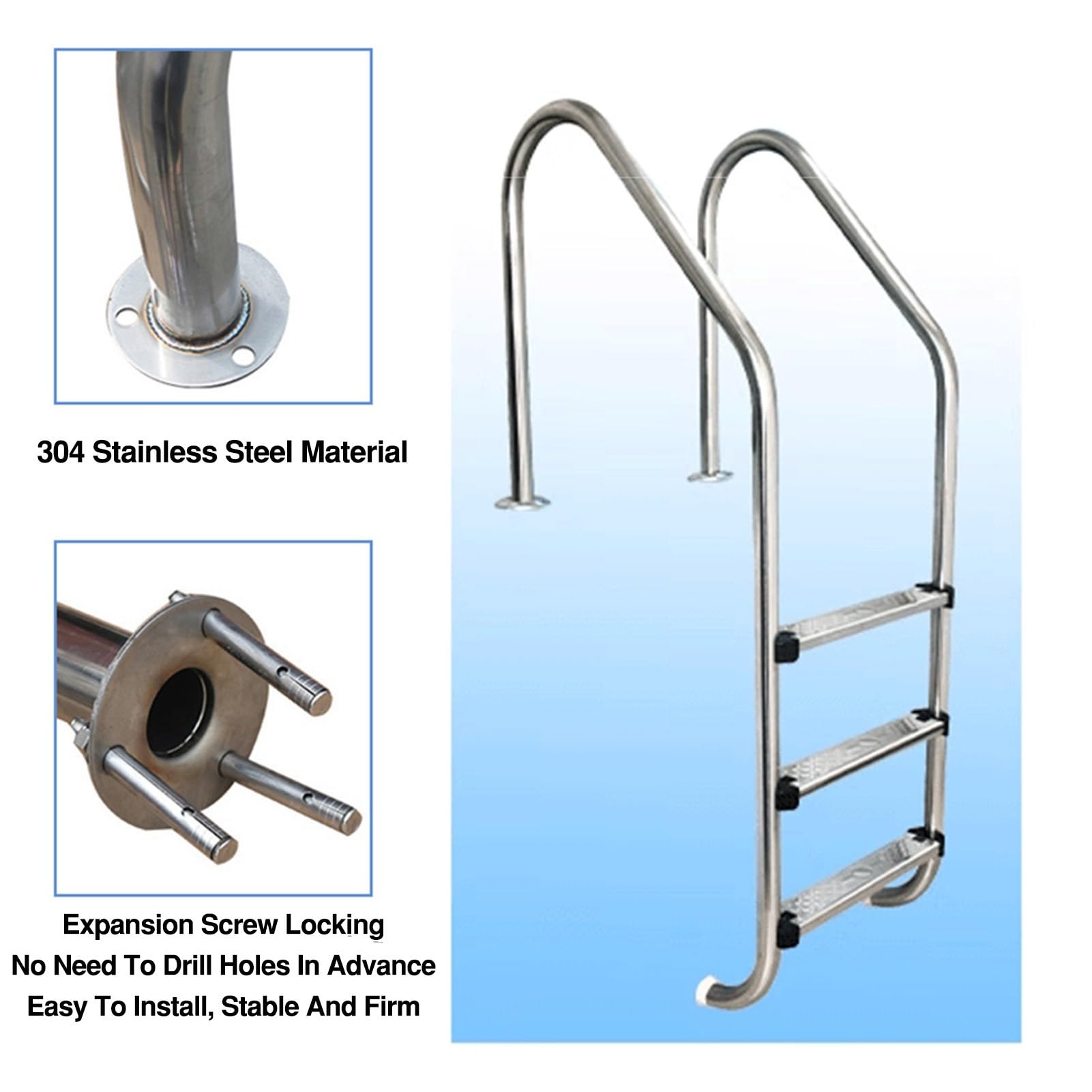 Scale mobili per Piscine, gradini in Acciaio Inox, Facili da installare, Adatte a Piscine, stabilimenti balneari e parchi Acquatici (3 gradini)
