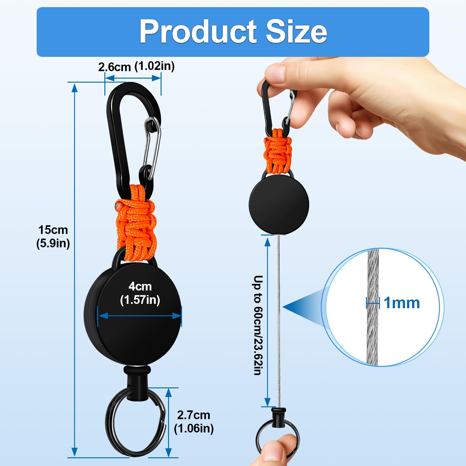 Retractable Keychain 3 Pack Heavy Duty Carabiner Badge Holder Extendable Badge Reel ID Holder Key Ring with 60 cm Steel Retractable Cord and Paracord