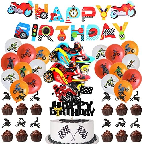 34 Pcs Dirt Bike Birthday Party Supplies Including Happy Birthday Banner, Balloons, Aluminum Foil Balloon, Cake Topper, Cupcake Toppers, Motorcycle Theme Party Decorations for Kids Aldults Fans