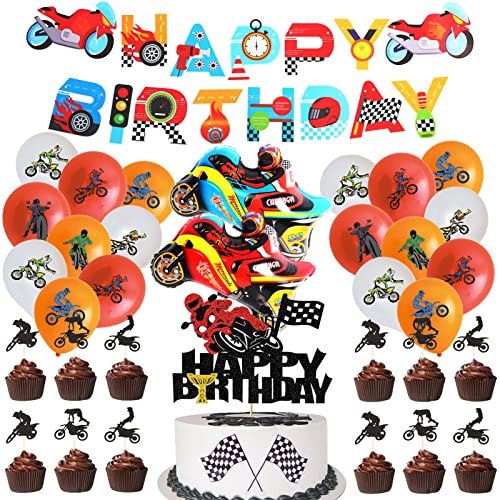 34 Pcs Dirt Bike Birthday Party Supplies Including Happy Birthday Banner, Balloons, Aluminum Foil Balloon, Cake Topper, Cupcake Toppers, Motorcycle Theme Party Decorations For Kids Aldults Fans #TOP1
