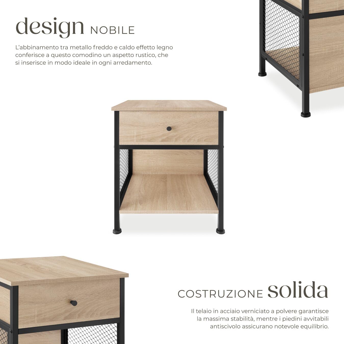 tectake® Comodino Camera da Letto 45x46x55,5cm, 2 Ripiani, 1 Cassetto