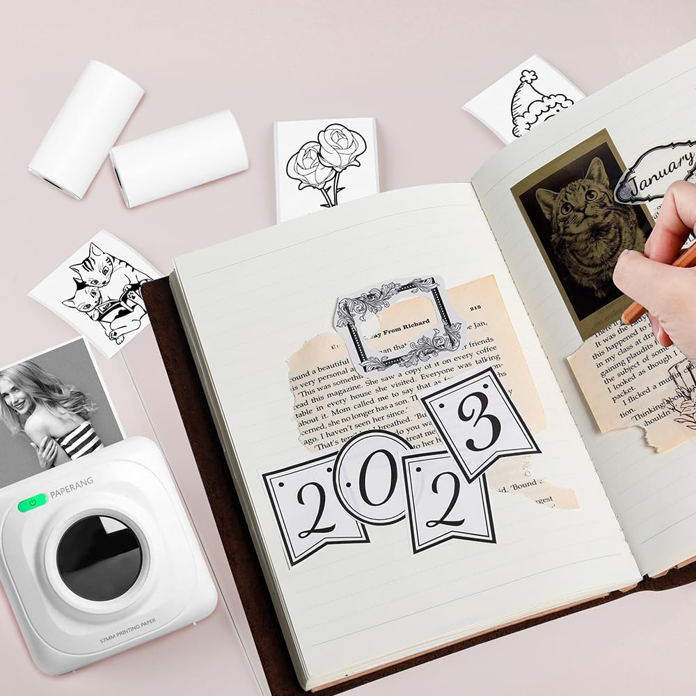 Greateam 57x30mm Thermal Sticker Paper Rolls Mini Printer Stickers for Study Notes Pictures and DIY, 6 Rolls Mini Inkless Thermal Printer Sticker Paper, Black on White - Image 5
