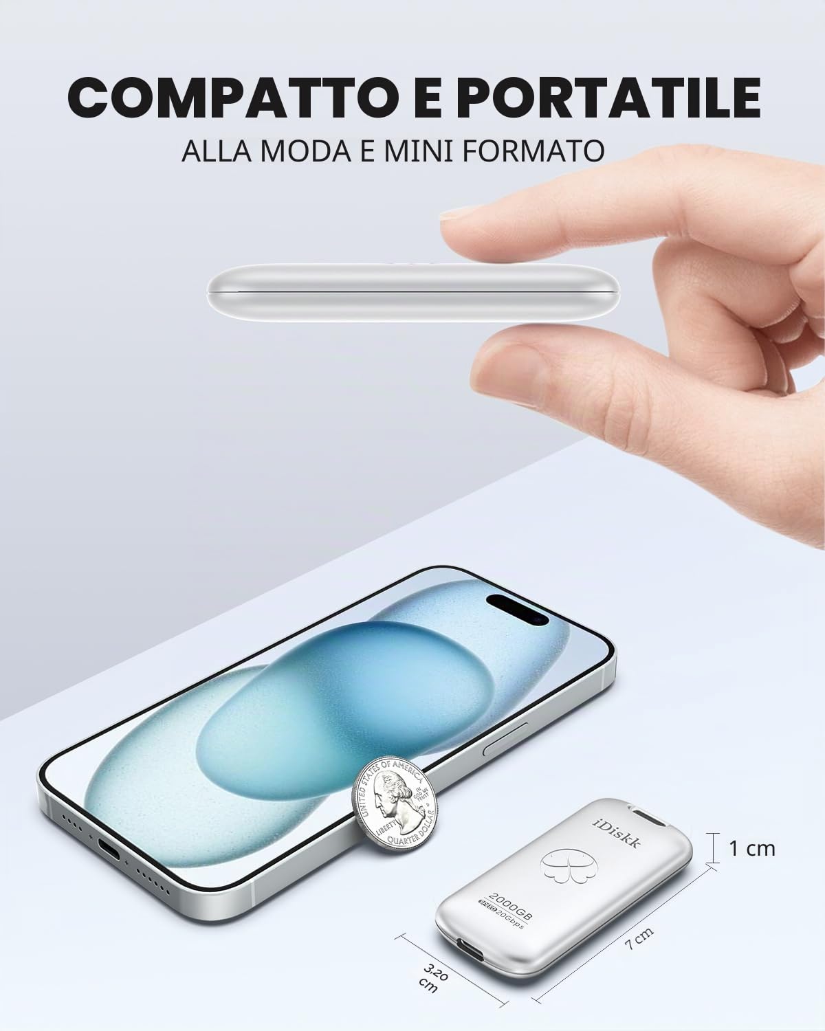 iDiskk Unità a stato solido esterna da 512 GB fino a 2000 MB/s, USB 3.2 Gen 2x2 USB-C SSD, SSD portatile ad alte prestazioni con cavo USB-C, chiavetta USB flash USB tascabile da 2000 MB/s (argento)