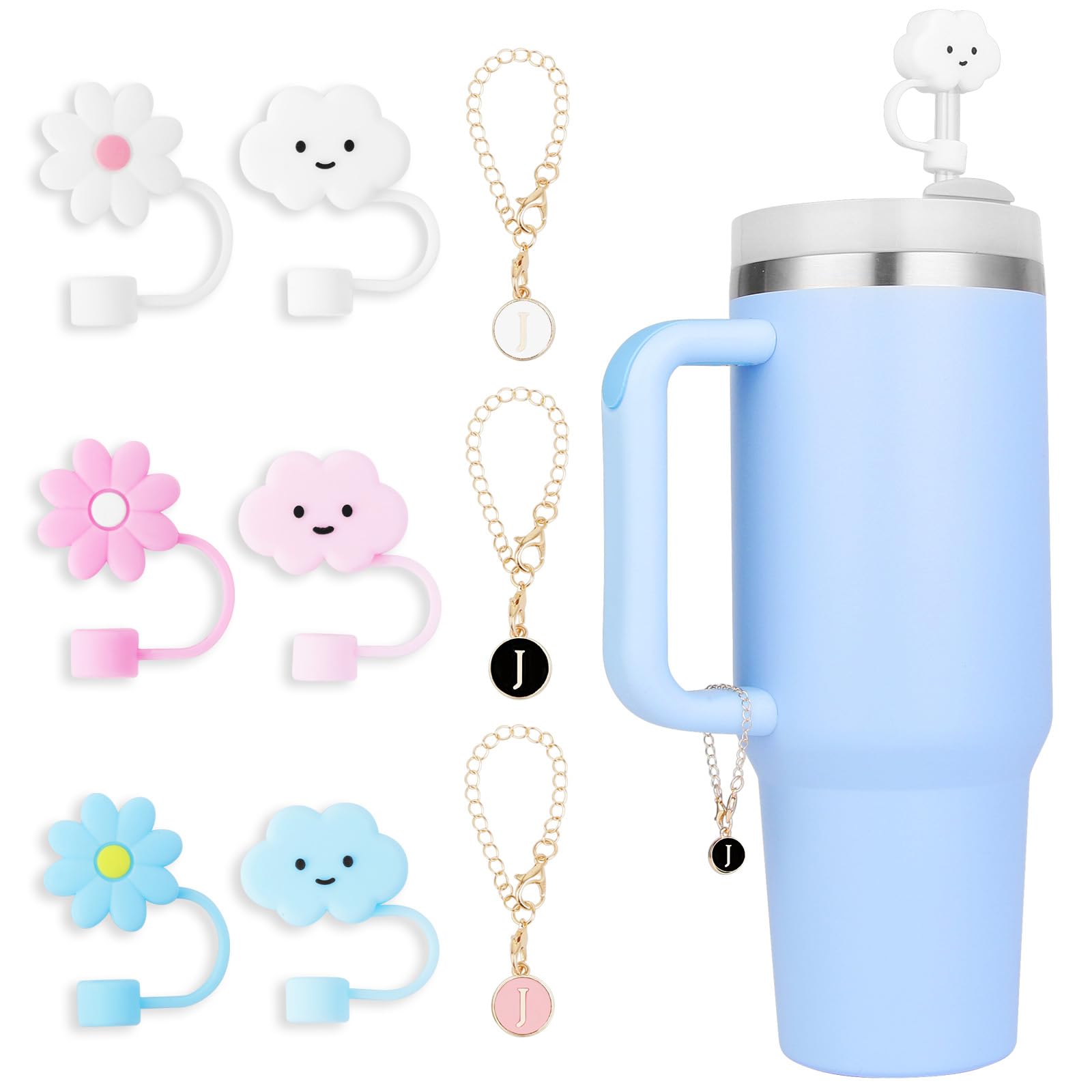 6pcs Cloud Flower Straw Cover for Stanley Cup,Straw Topper 10mm Straw Tips Lids,with 3PCS Initial Personalized Letter Charm Stanley Tumblers Accessories (6pcs cloud flowers+3pcs letter J)