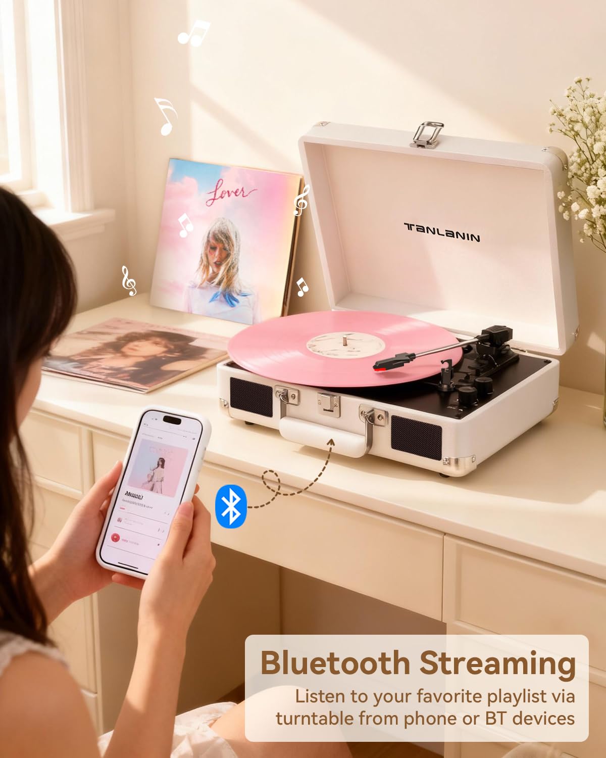 Tocadiscos de vinilo con altavoces integrados, tocadiscos Bluetooth de 3 velocidades para discos de vinilo, tocadiscos retro de maleta con control de graves y agudos, salida RCA AUX, conector para auriculares, elegante opción de regalo 4