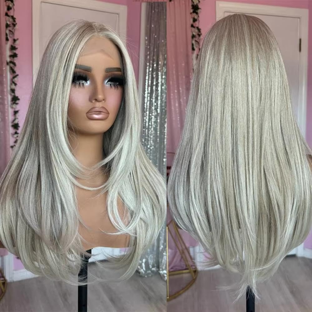 Haarpflege Cremige Aschblonde Balayage-Perücke HD Unsichtbare Spitzenfrontfaser Gerade Damenperücken 13 X 4 Klebefrei Leicht Zu Tragen