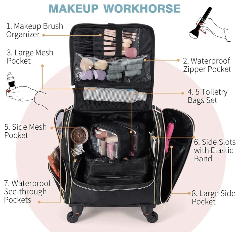Image of Adson Multifunctional Professional Beauty Makeup Artist Rolling Cosmetic Aluminium Vanity Trolley Beauty Train case Makeup Cosmetic Trolley Hairstylist Travel Organizer (Nylon Jet Black)