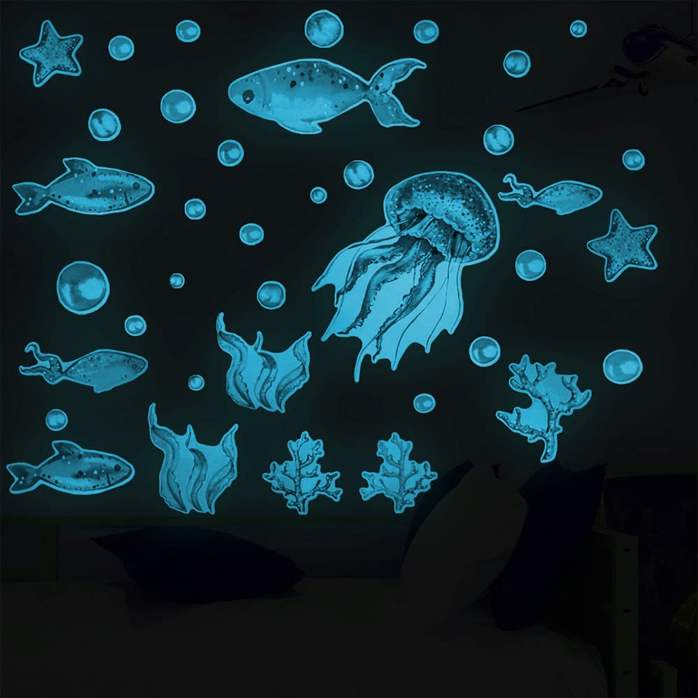 Chostky Glow in The Dark Stickers Ocean Fish Wall Stickers, Under The Sea Wall Stickers Sea Life Wall Decals for Kids Boys Kids Watercolor Underwater Creatures Room Decor