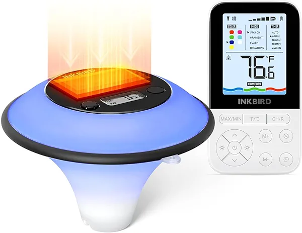 INKBIRD IBS-P05R Solar Powered Wireless Pool Thermometer with Ambient Light | Digital Swimming Pool Thermometer with Indoor Remote Control | IP68 Waterproof | for Hot Spring, Spa, Hot Tub