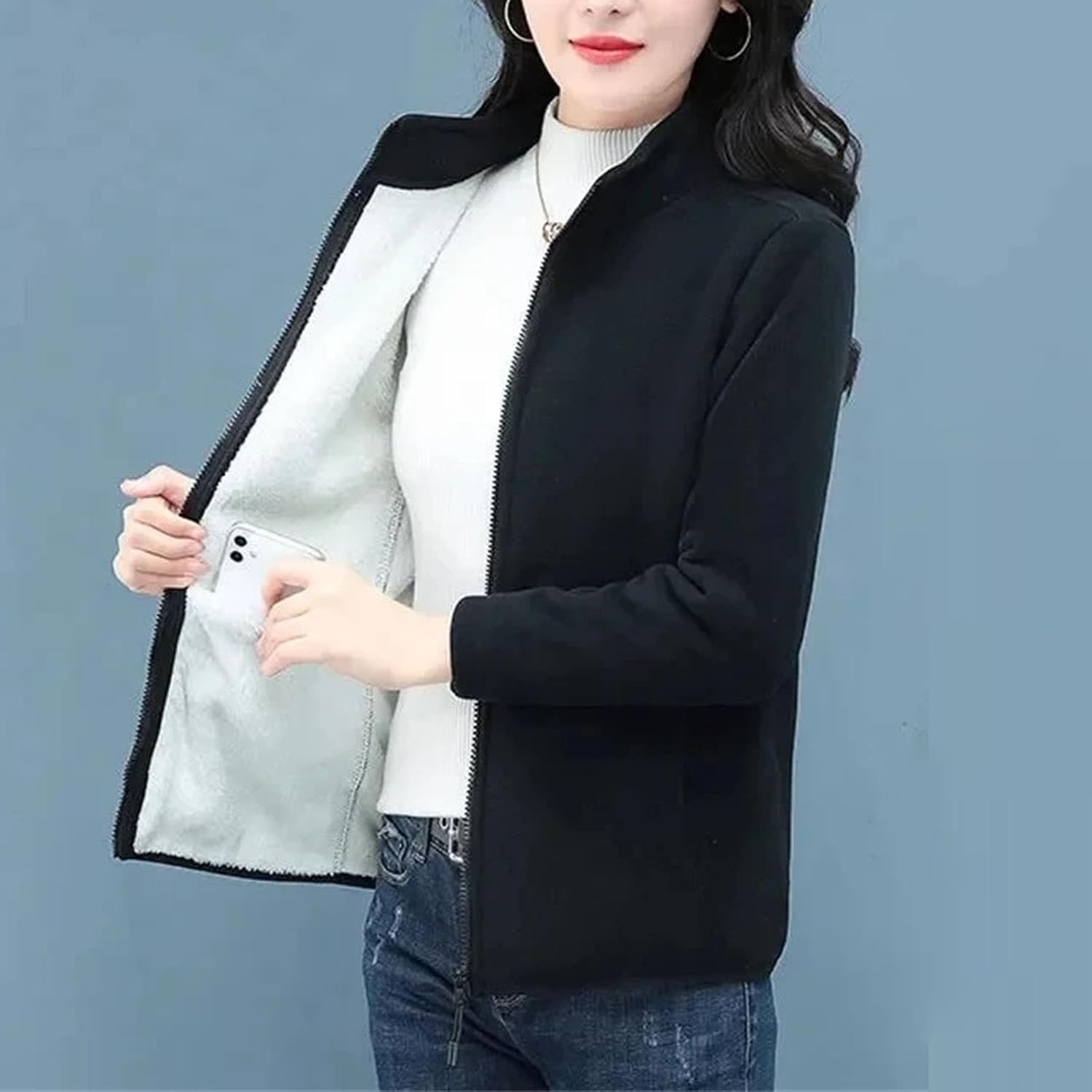 Women's Polar Fleece Jacket Sport Shirt Style with Stand Collar and Velvet Touch