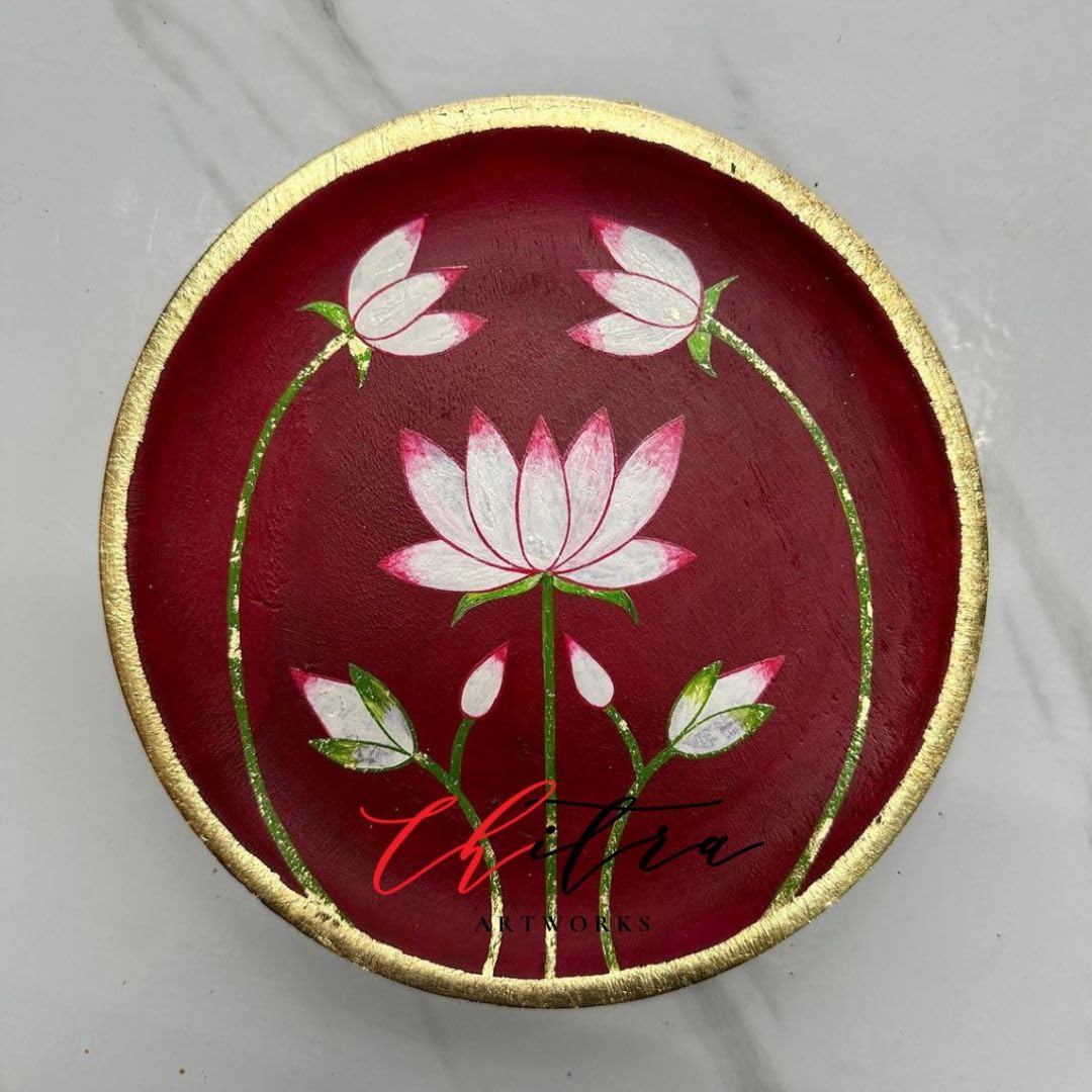 Chitra artworks Hand-Painted Pichwai Painting on Wooden Round Plate – Decorative Wall Plate with Lotus Design | Traditional Rajasthani Art for Home, Office, Gallery Décor – Multicolour-image-22
