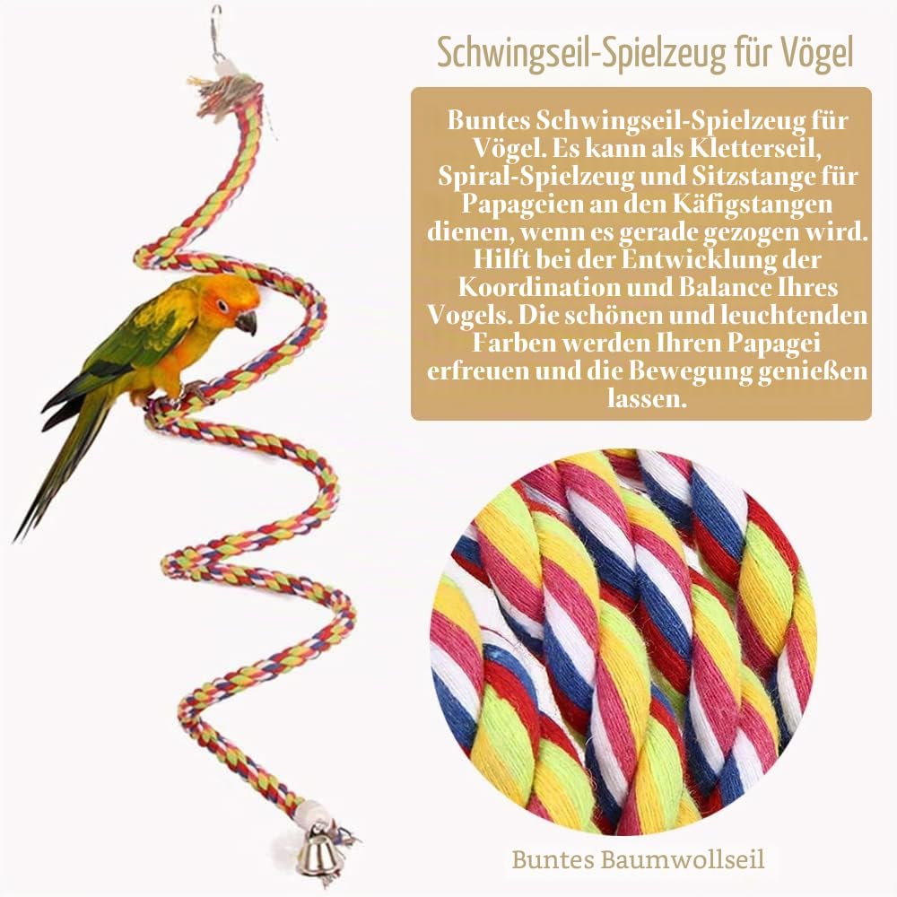 ASOCEA Vogel Seil Sitzstangen,160cm Vogel Kletterseil mit Glocke Bunte Spirale Baumwollseil Durchmesser 18mm Papageienspielzeug für Wellensittiche, Nymphensittiche und Alle Vögel