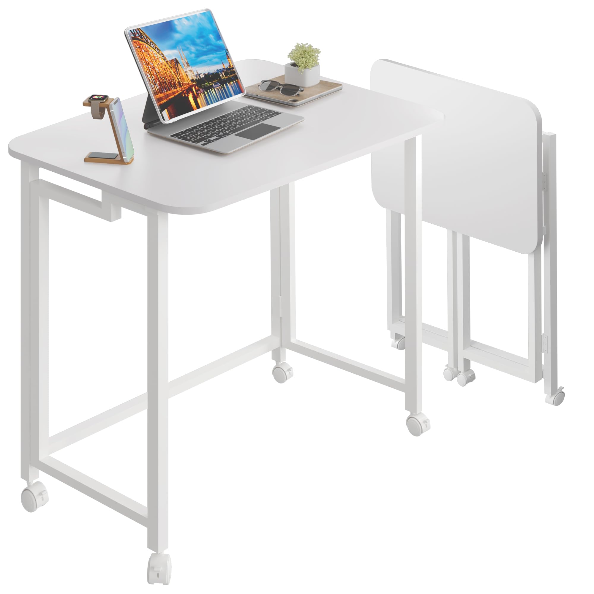 4NM 23.6" Mobile Small Folding Desk, Adjustable Rolling Compact Laptop Cart Desk, Couch Desk, Bed Desk for Laptop for Small Space Offices - All White