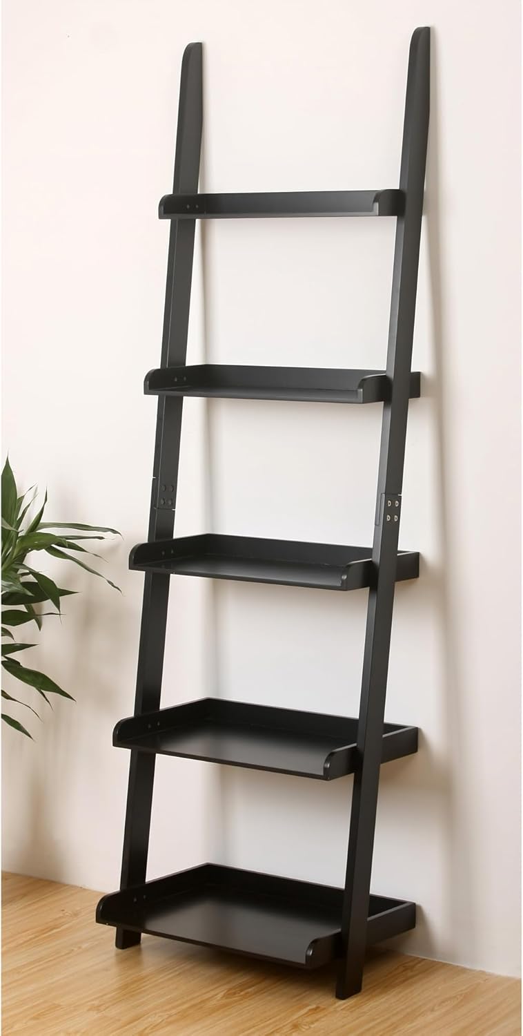 eHemco Modern 5 Tier Wall-Leaning Ladder Bookshelf Organizer, Storage Rack, 70 Inches, White