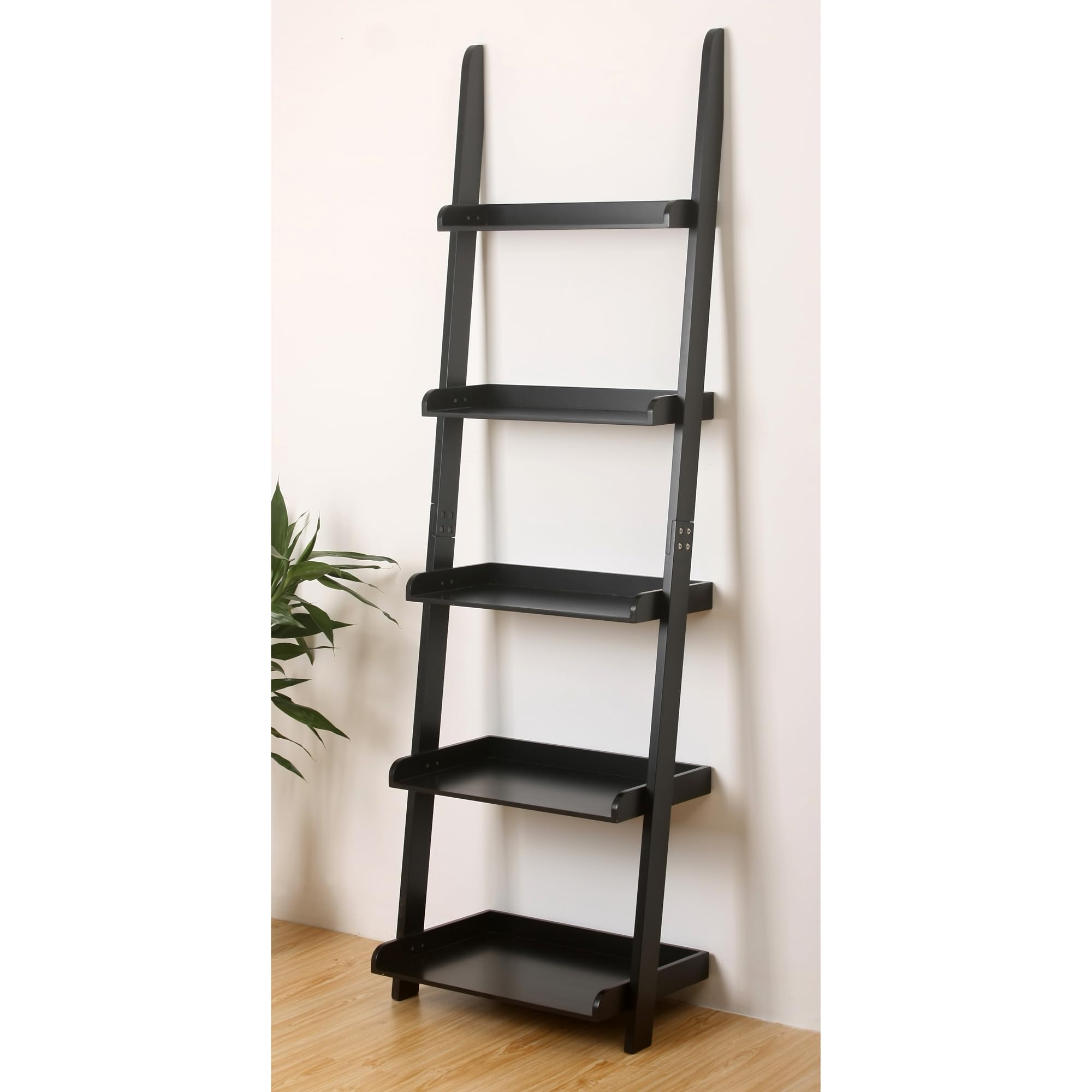 eHemco Modern 5 Tier Leaning Wall Ladder Bookshelf Organizer, Storage Rack, 70 Inches, Black