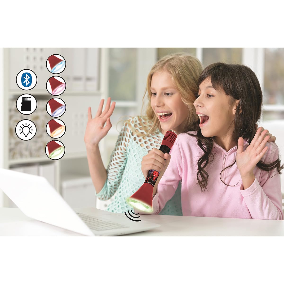 LEXIBOOK, The Voice, Karaoké Micro Star Bluetooth® con función de Cambio de Voz, micrófono para Cantar, Altavoz Luminoso Integrado de 3 W, Ranura para Micro SD, Rojo/Negro, MIC210TV