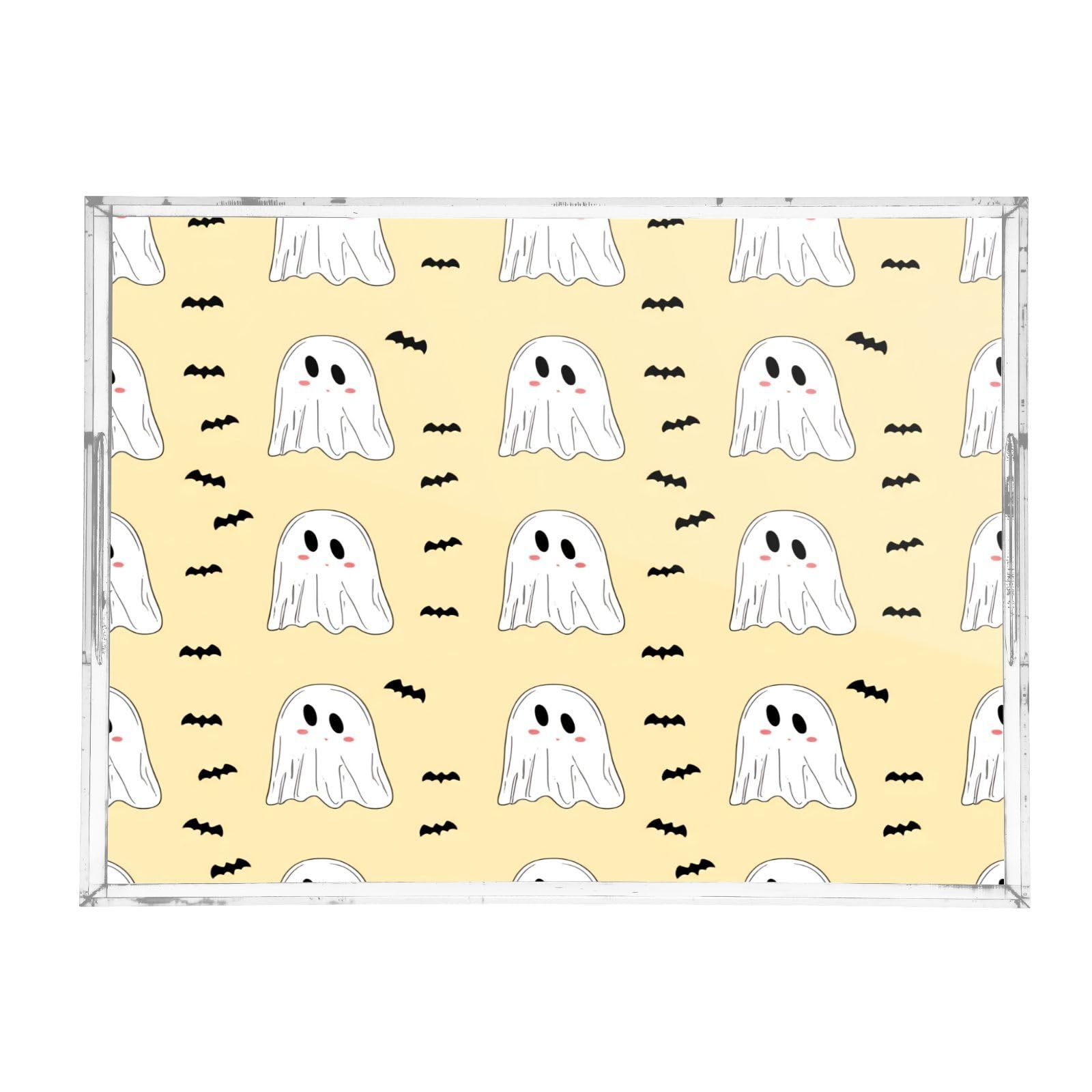BOESI Halloween Ghosts and Bats Acrylic Decorative Dining Tray, Acrylic Decorative Tray Organizer with Handle for Kitchen, Dining Room, Bathroom, Dresser