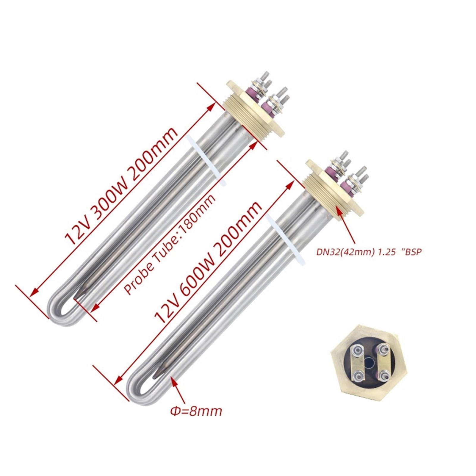 Elemento riscaldante con flangia in rame DN32 da 12 V CC 300 W con tubo termostato(Heater Nut)