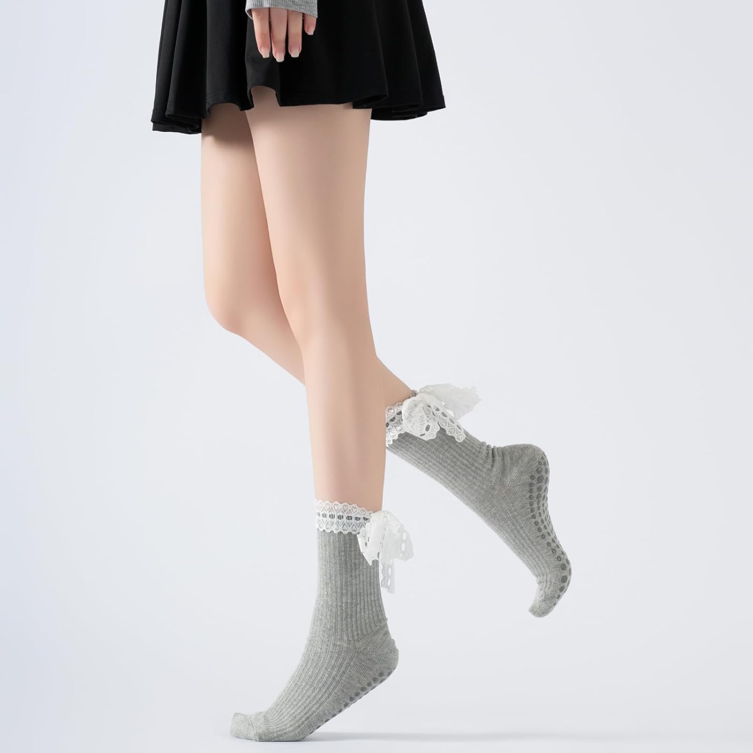 Verdancy Women’s Yoga Pilates Socks with Frills and Lace up Non Slip Cushioned Grips Crew Socks - Image 9