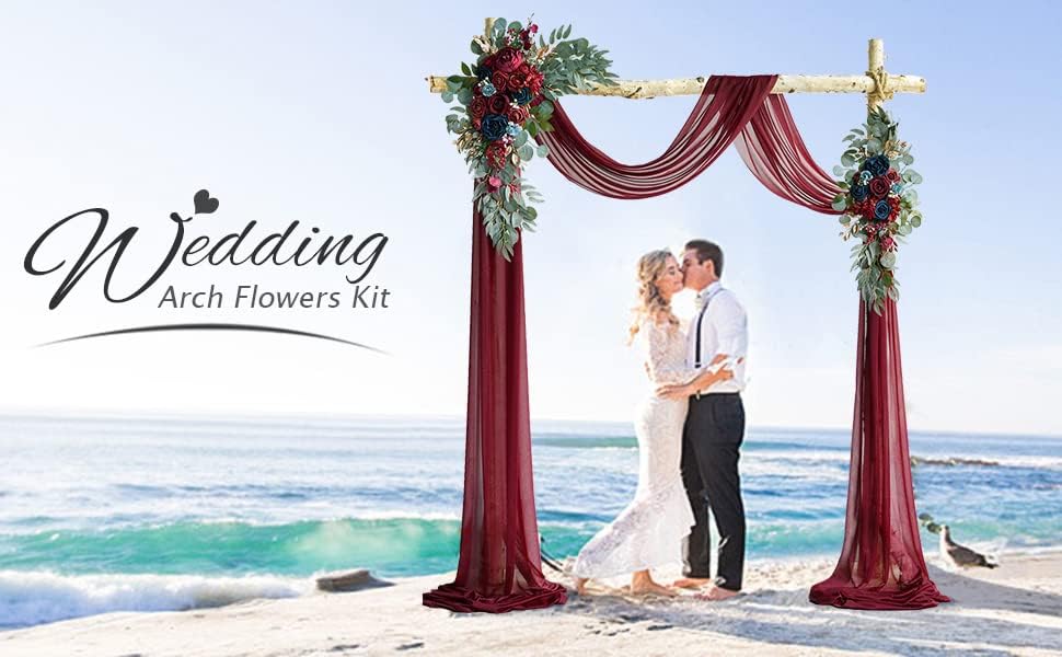 Miniatura 8 de ponatia Kit de flores artificiales para arco de boda (paquete de 3), flores burdeos con tela drapeada de arco brillante de 26 pies, flores de arco