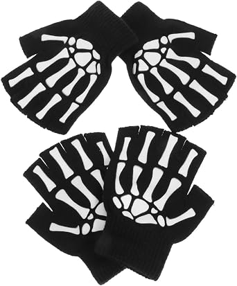 PRETYZOOM 2 Pairs Halloween Skeleton Gloves Fingerless Skull Gloves Halloween Costume Accessory Photobooth Props