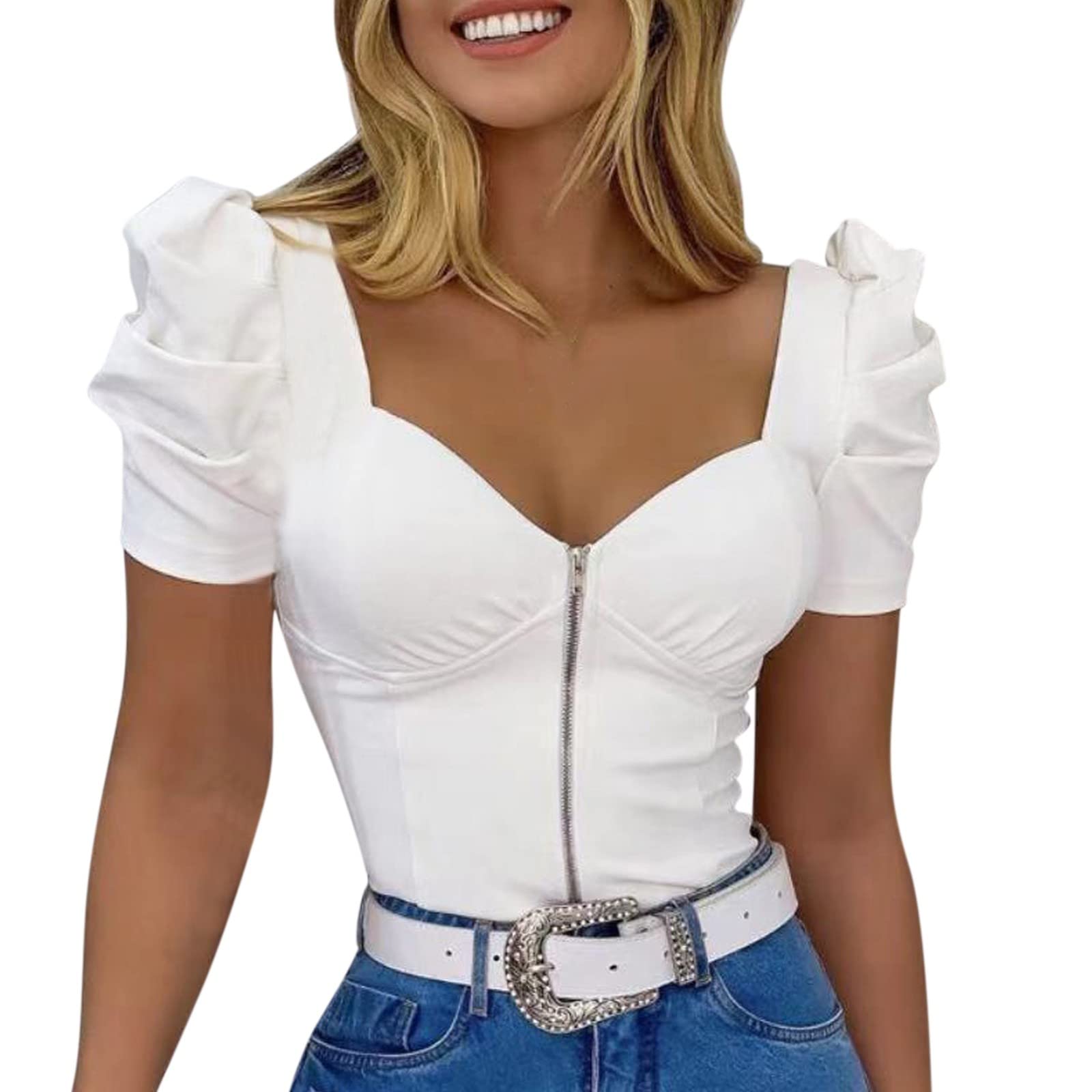 VEMOW Blusas de Mujer Elegantes Manga Corta Diseño de Volantes con Cuello en U y Cremallera en el Pecho, Camisas Mujer Sexy Pequeño Crop Top Sexy de Verano Mujer Vintage para Primavera