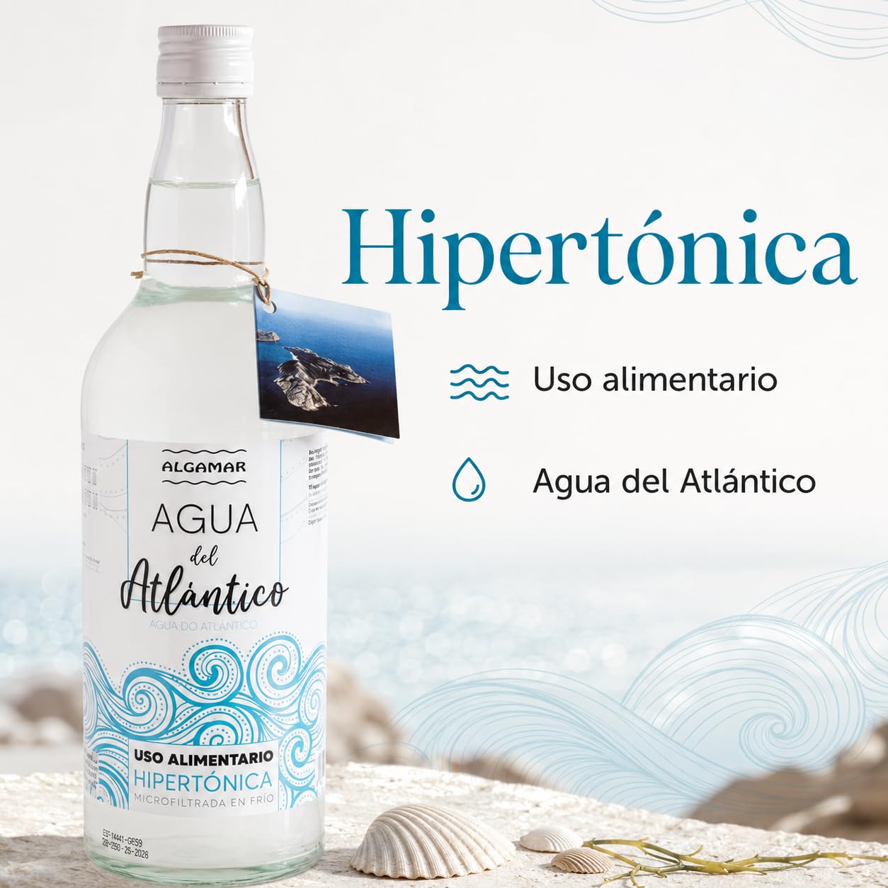 Pack 6 x Agua de Mar Algamar 1 L, hipertónica y microfiltrada en frío, agua marina del Atlántico para uso alimentario, 6 botellas de cristal para cocinar y recetas