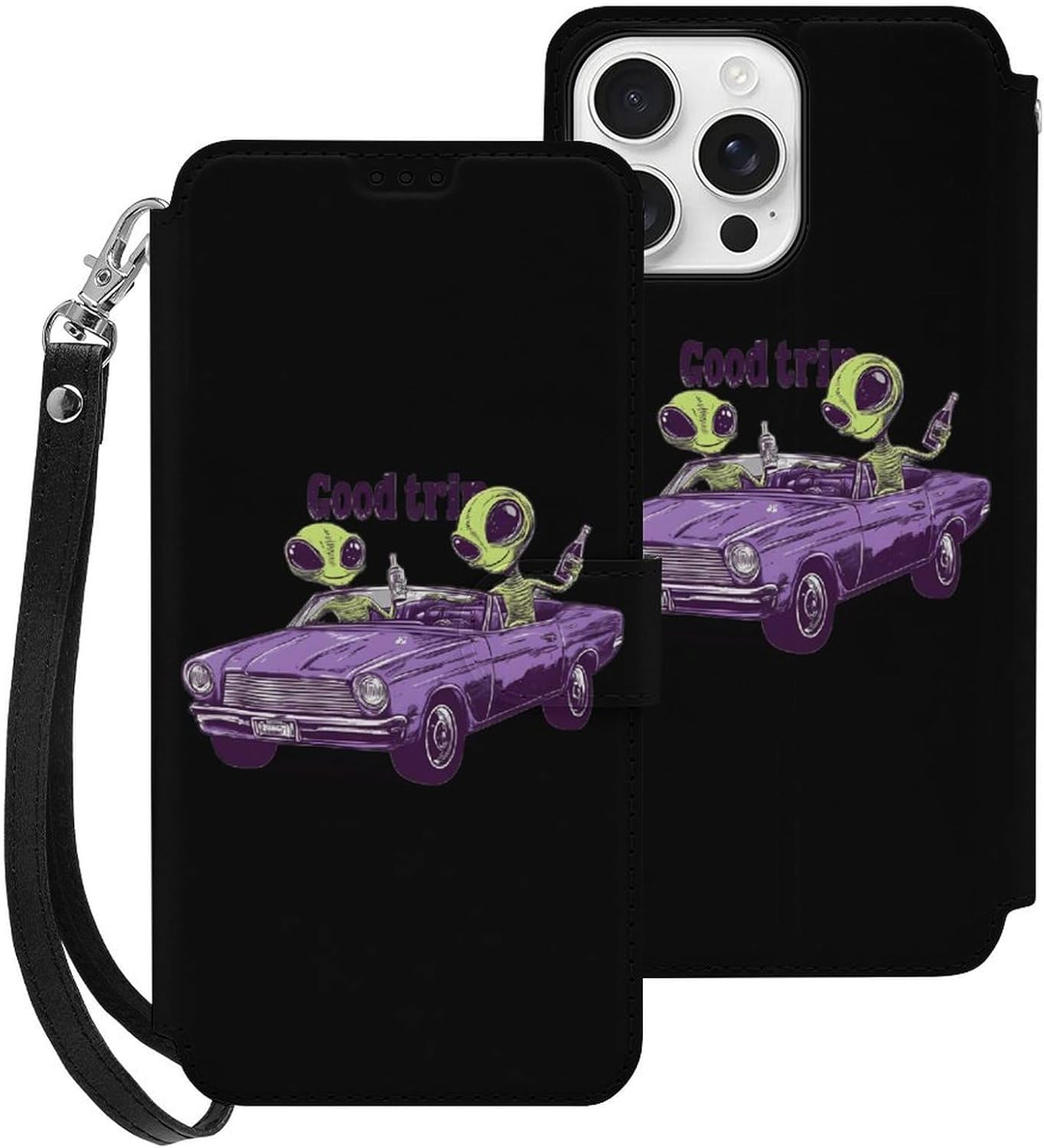 Aliens in Vehicle Trip Compatible with iPhone 16/16 Plus/16 Pro/16 Pro Max/16 E Case Phone Wallet Card Holder Flip Cover with Wrist Strap