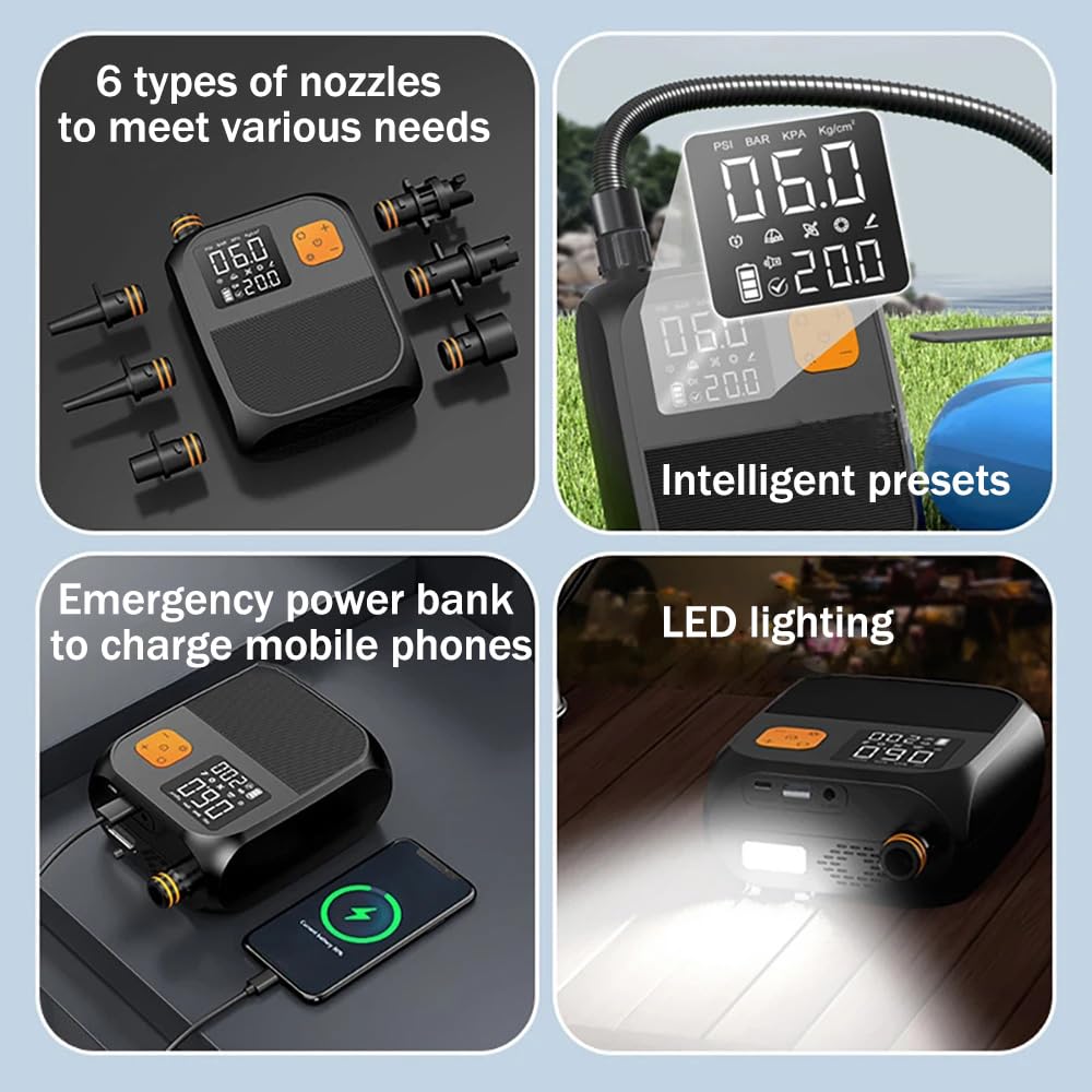 Pompe électrique SUP 25 PSI haute pression Smart SUP - Rechargeable - Inflation et dégonflage à double étape - Arrêt automatique - SOS - Lampe de poche pour planches de paddle, kite, kayak,