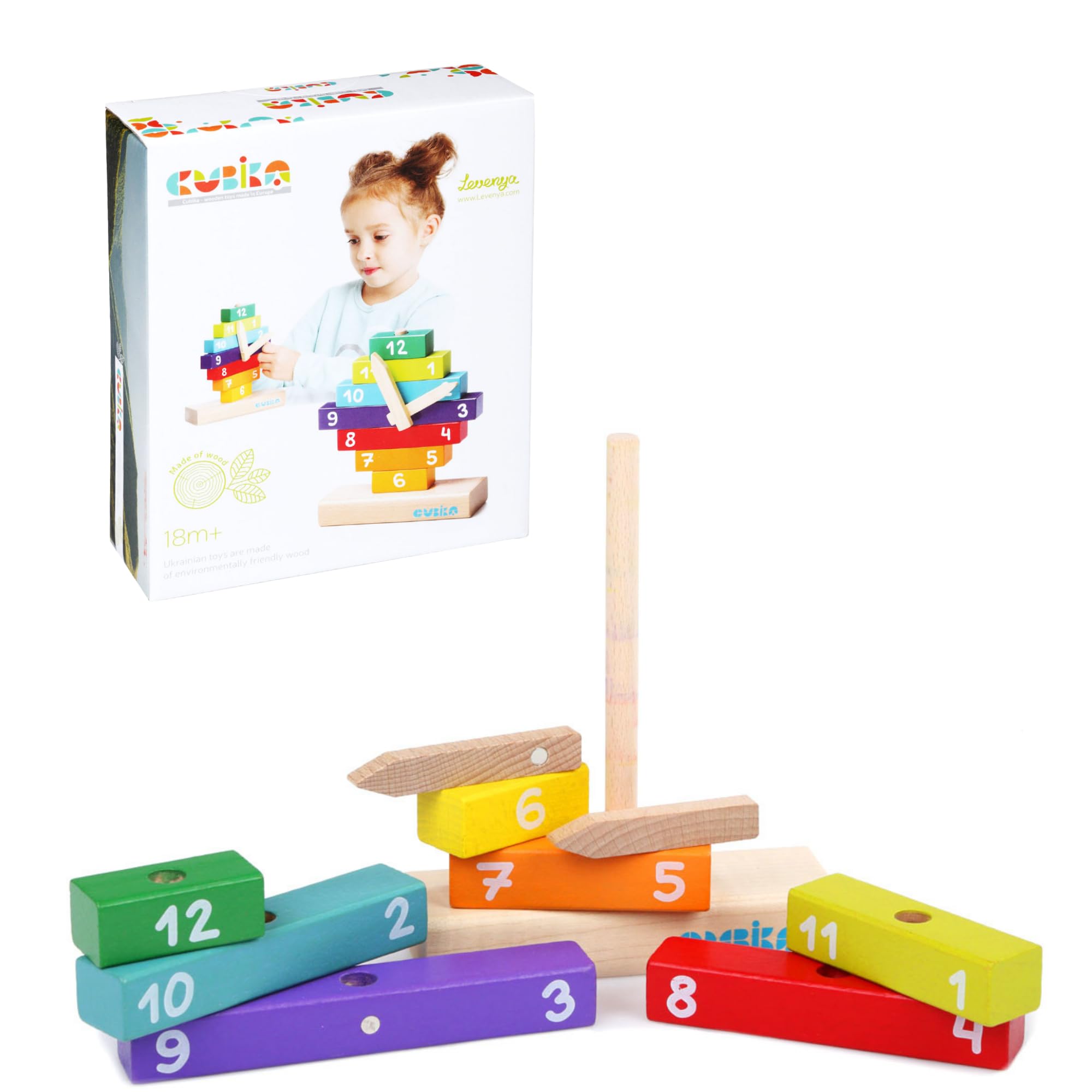 CUBIKA Wooden Clock Construction Kit – Montessori Stacking Toy for Toddlers Ages 3+ – Made from Natural Wood with Water-Based Paints – Travel-Friendly Educational Gift for Boys &amp; Girls