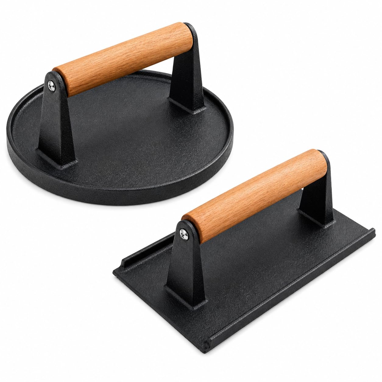 Cast Iron Burger Press Set, Round and Rectangular Grill Press with Wooden Handle, combination
