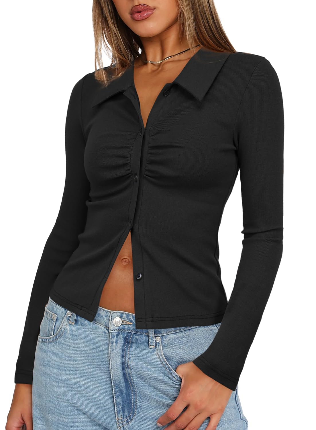 Women's Long Sleeve Button Down Ruched Crop Top Shirts Going Out Tops Slim Fitted Y2K Tops