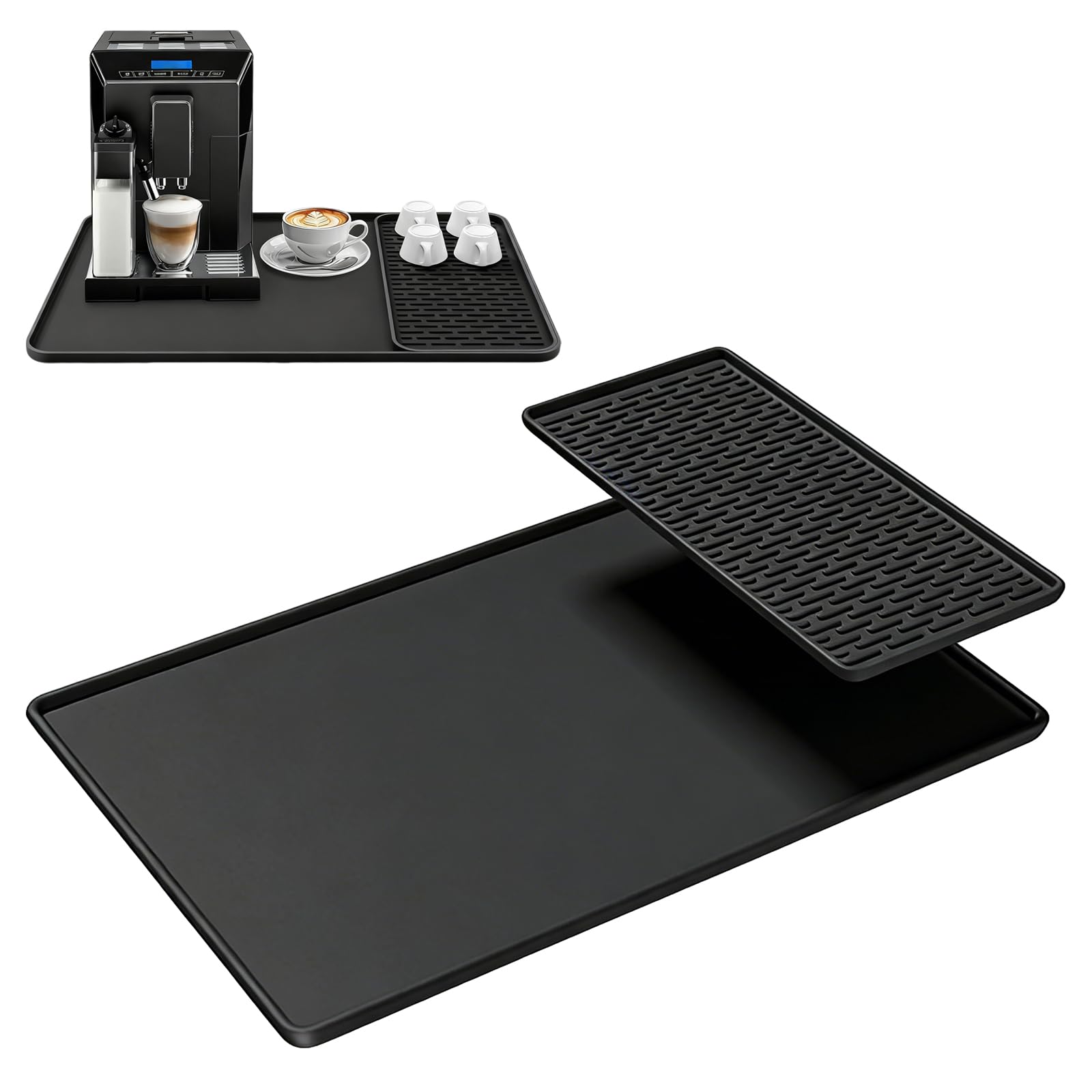 Large Silicone Coffee Mat, 2 in 1 Coffee Machine Mats with Raised Edges, Non Stick Heat Resistant Coffee Bar Mat for Countertop, Dish Drying Mats (Black, 60 x 40 cm)