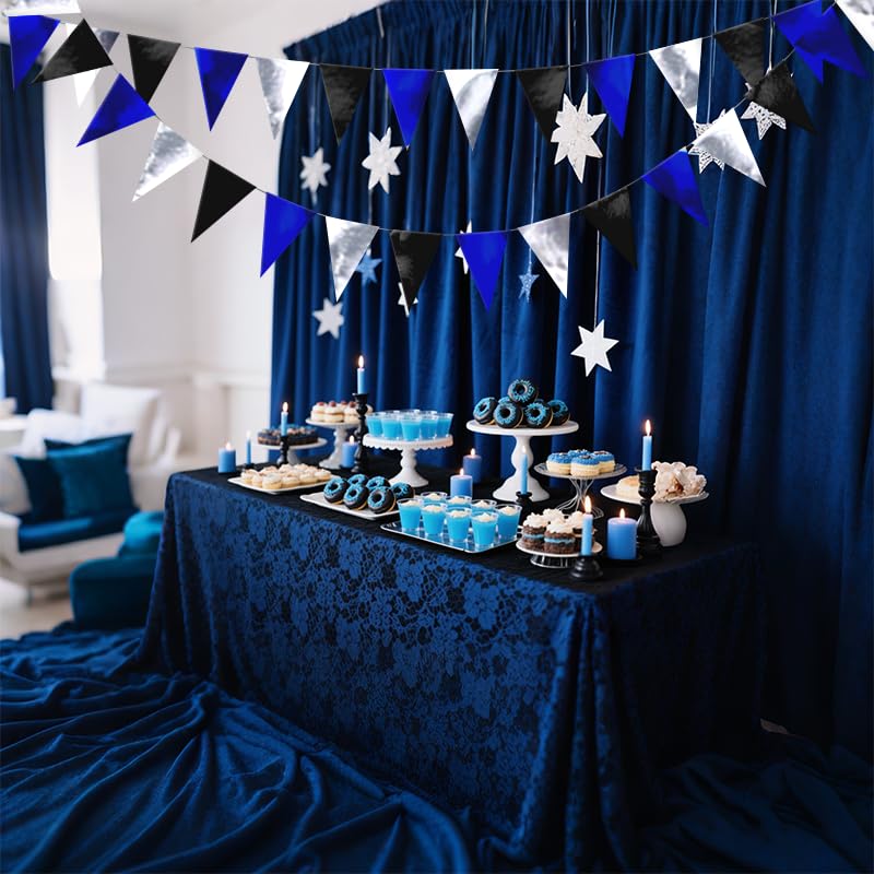 Image of Blue Black Silver Hanging Triangle Flag Pennant Garland Blue Black Silver Hanging Paper Pennant Streamer Paper Triangle Flag Banner for Graduation Birthday Party Decorations 30 Feet