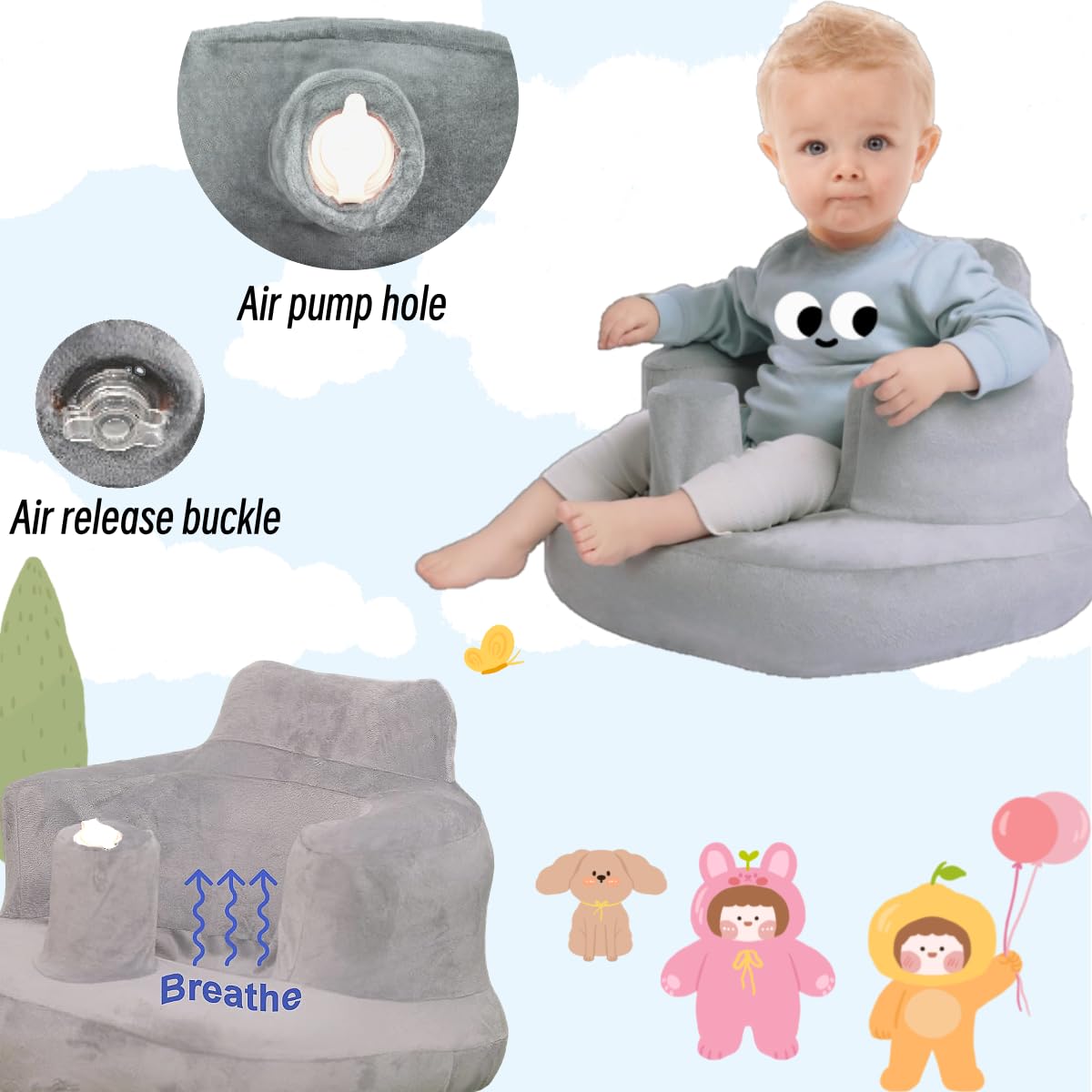 Seggiolino gonfiabile per bambini da 4 a 24 mesi con pompa ad aria integrata, supporto per la schiena per bambini, sedia per sedersi, sedia per baby shower, sedile (Orso+copertura)