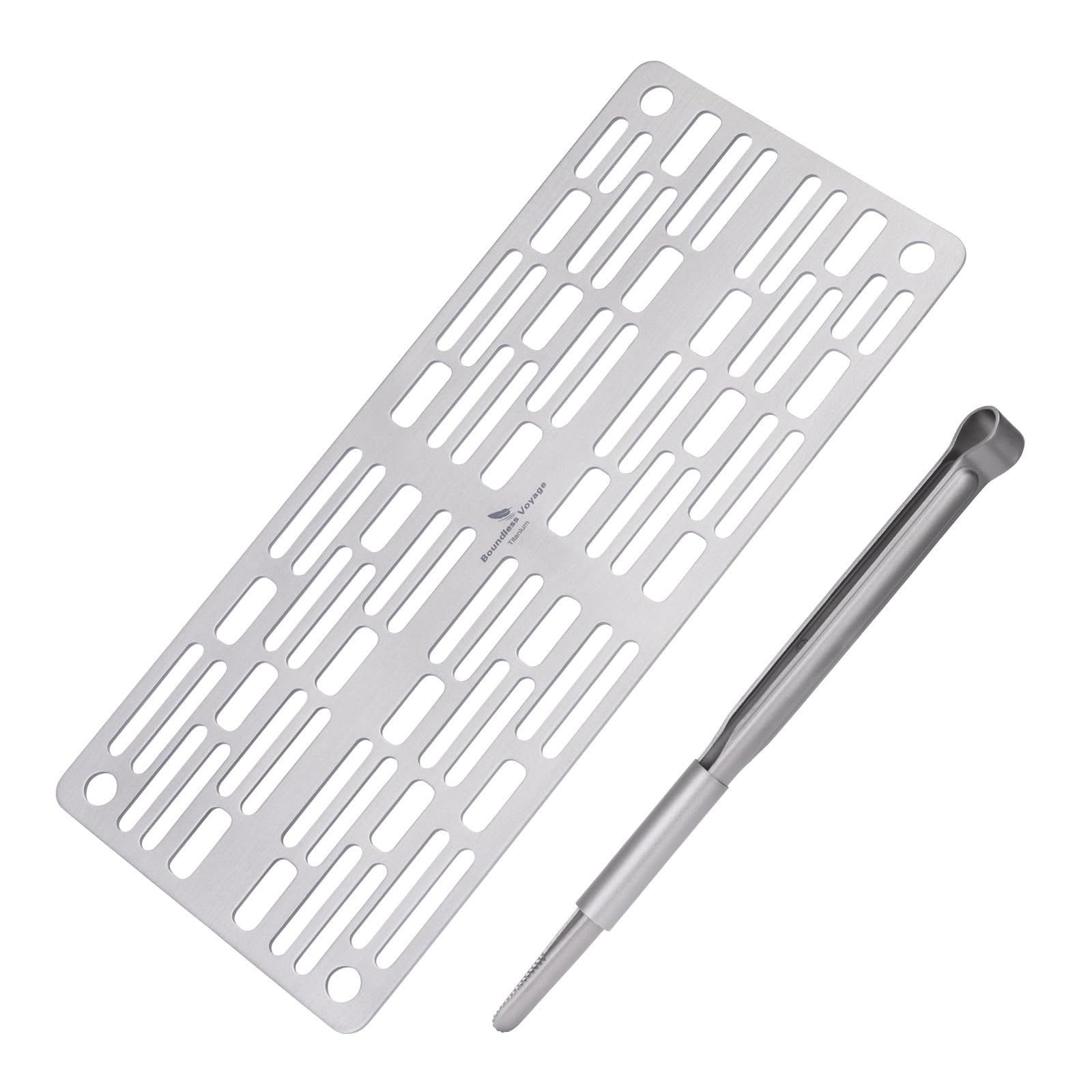 iBasingo Griglia in titanio con pinza da cucina, ultra leggera, accessorio per barbecue per esterni, per campeggio, escursioni e backpacking, spessore 2 mm, resistente al calore (Ti2023C+Ti1014T)