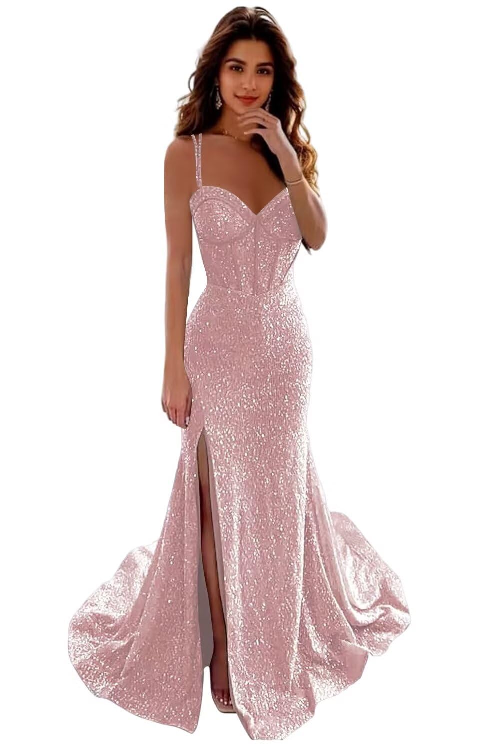 Sequin Mermaid Prom Dresses with Slit Spaghetti Straps Corset Ball Gowns Maxi Long Formal Evening Dresses AU111