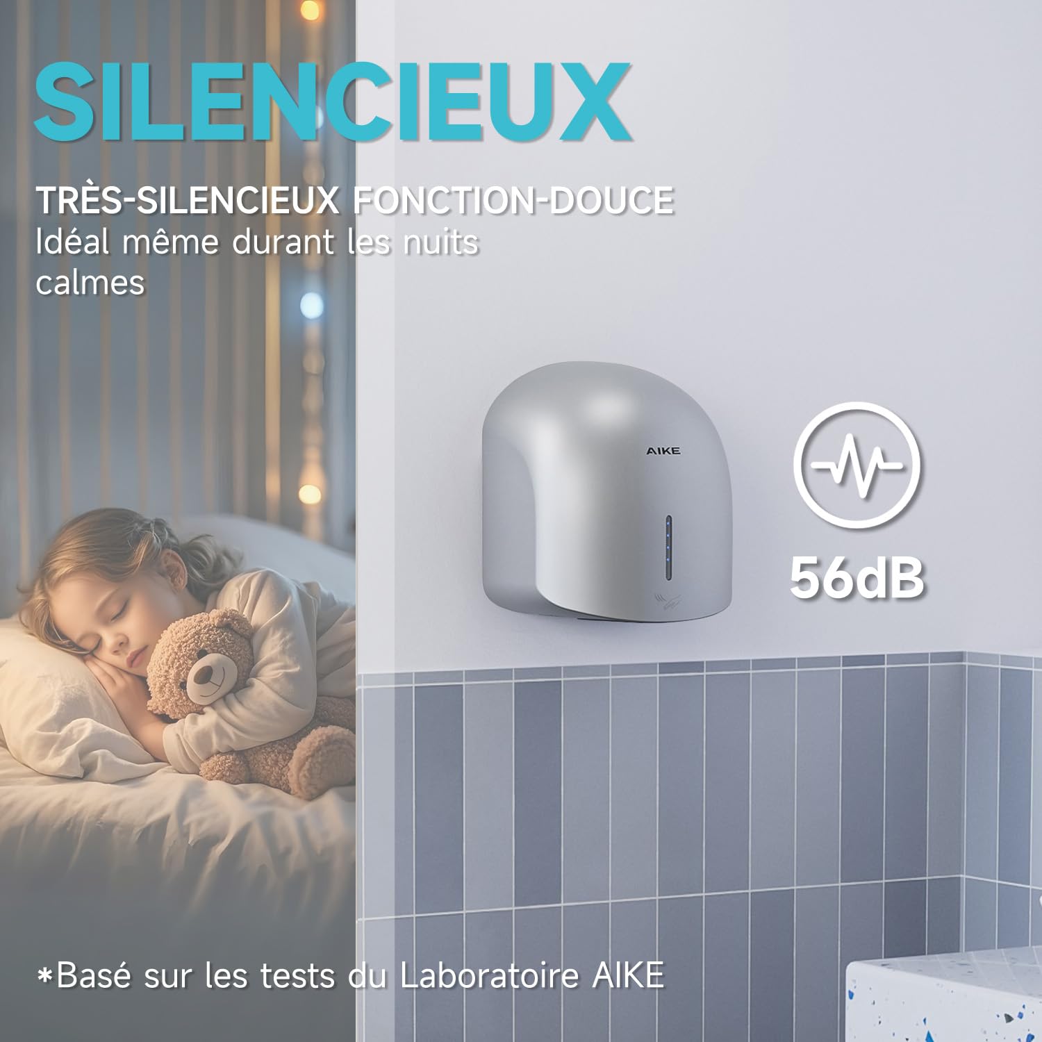 AIKE GentleAir Seche Mains Chauffant Silencieux, pour Maison & Salles de Bain, AC220V-240V, Argent Étoilé