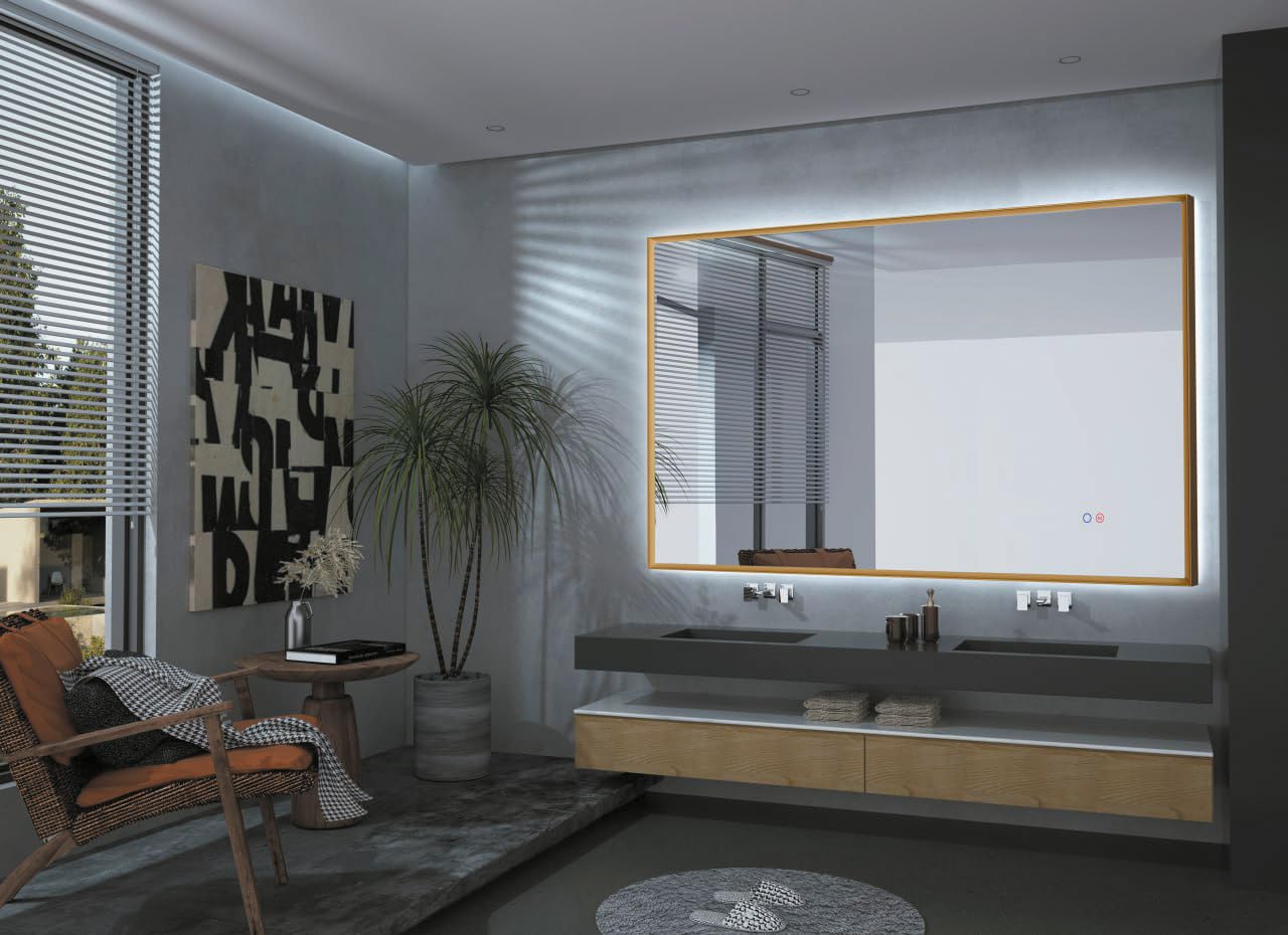 Mice - Espejo con luz Les/Marco de Acero INOX/Iluminación 3 Tonos/Sensor On/Off/Anti-vaho/Espejo de Maquillaje/Vestidor/Baño - Oro Cepillado 100 x 80 cm