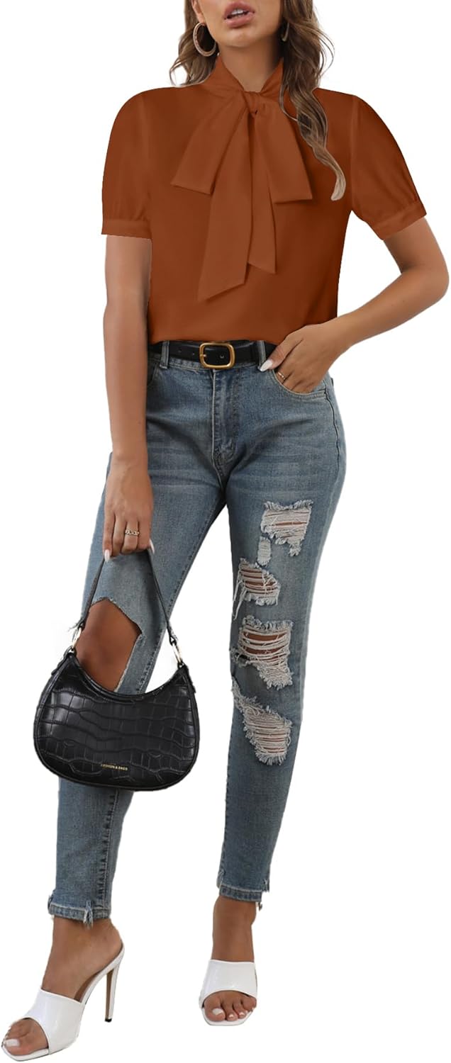 Rooscier Women's Bow Tie Neck Short Sleeve Elegant Office Workwear Blouse Shirt Tops - Image 4