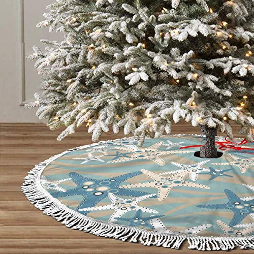 Beach Starfish Christmas Tree Skirt With Tassel, Xmas Tree Mat Base Cover Christmas Ornament For Festive Holiday Party Decoration(48Inch) #TOP2